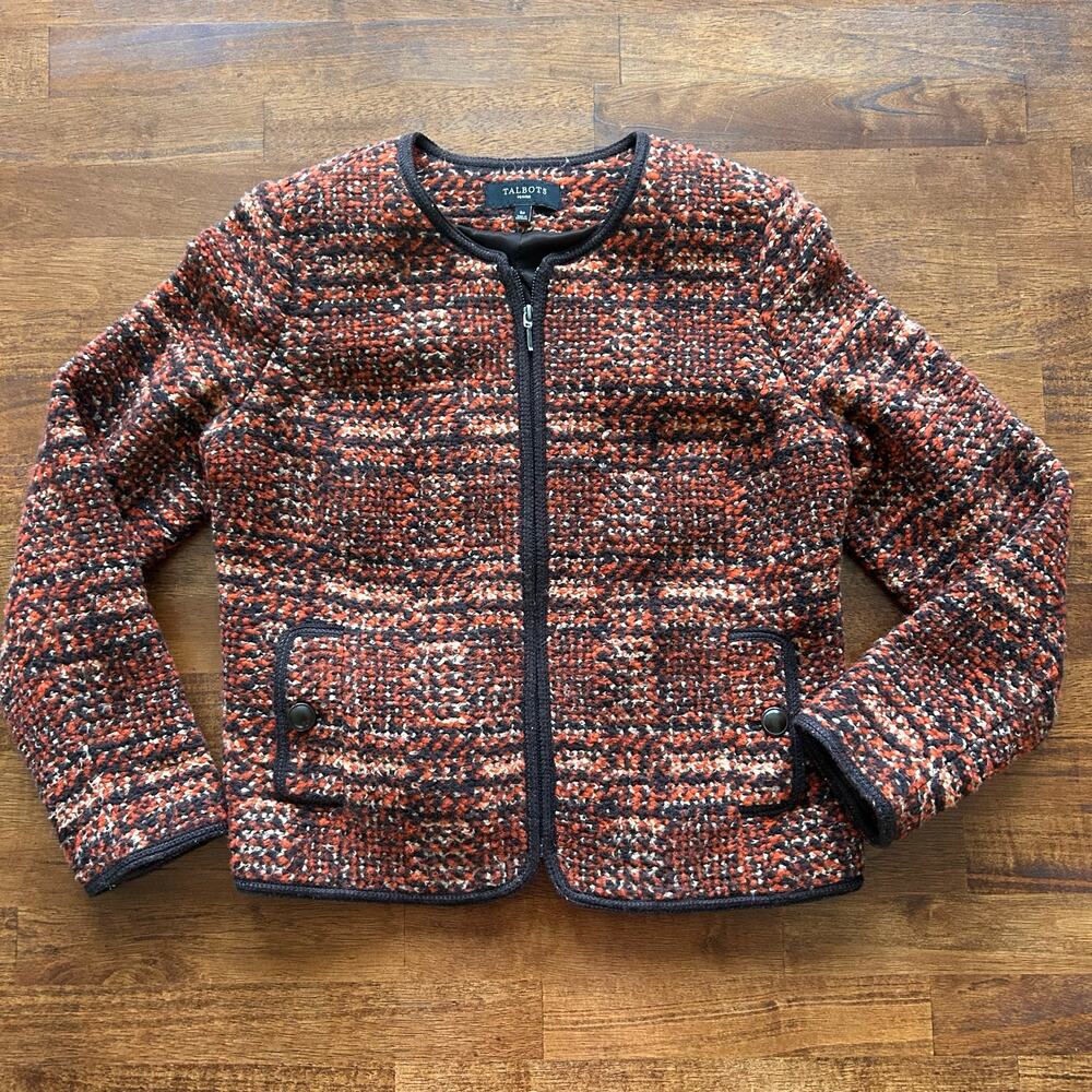 Talbots Petites Vintage-Inspired Tweed mod Zip Blazer, Retro Plaid, Size 6P